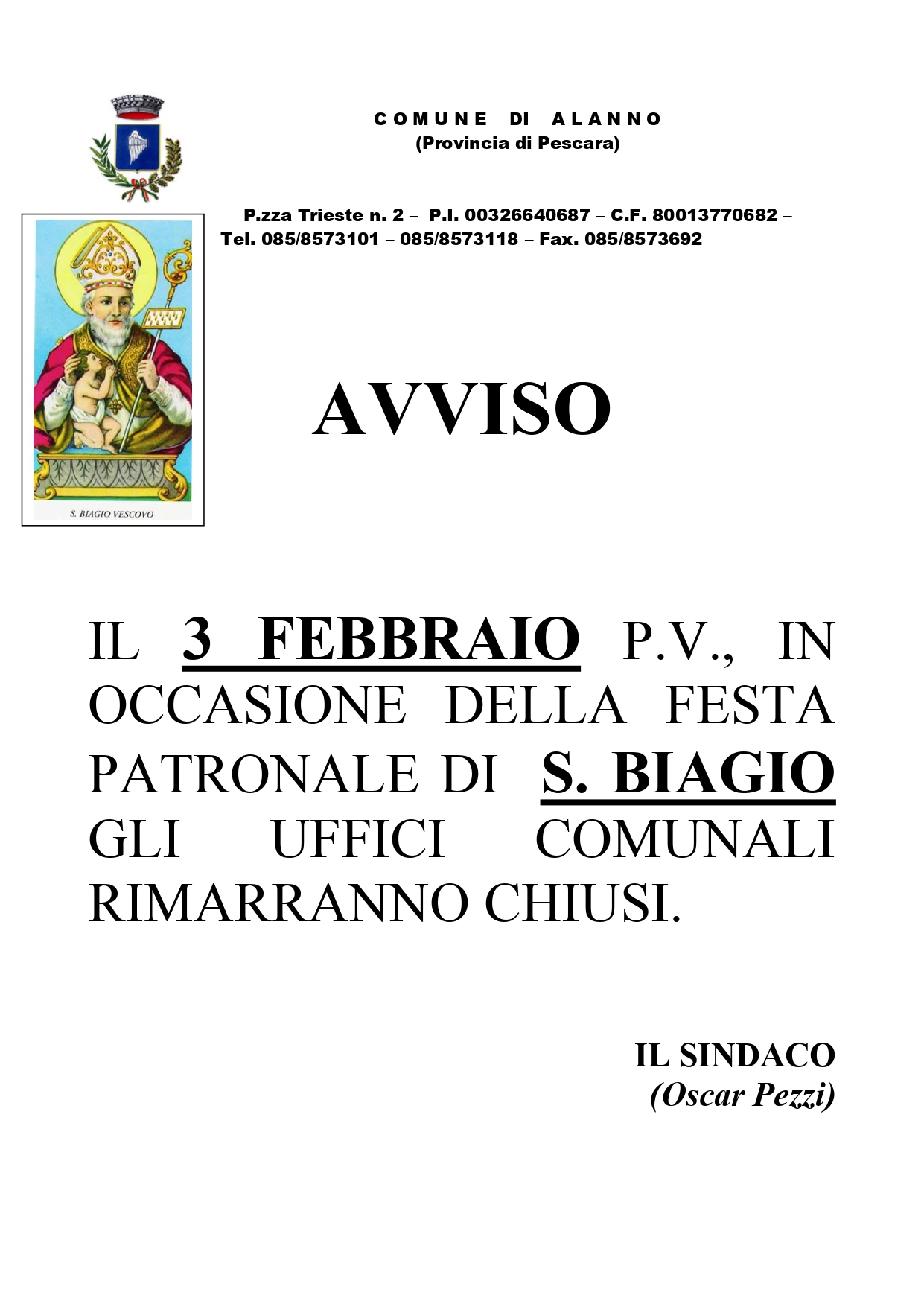 03 Febbraio 2025 Chiusura Uffici Comunali per Festa Patronale