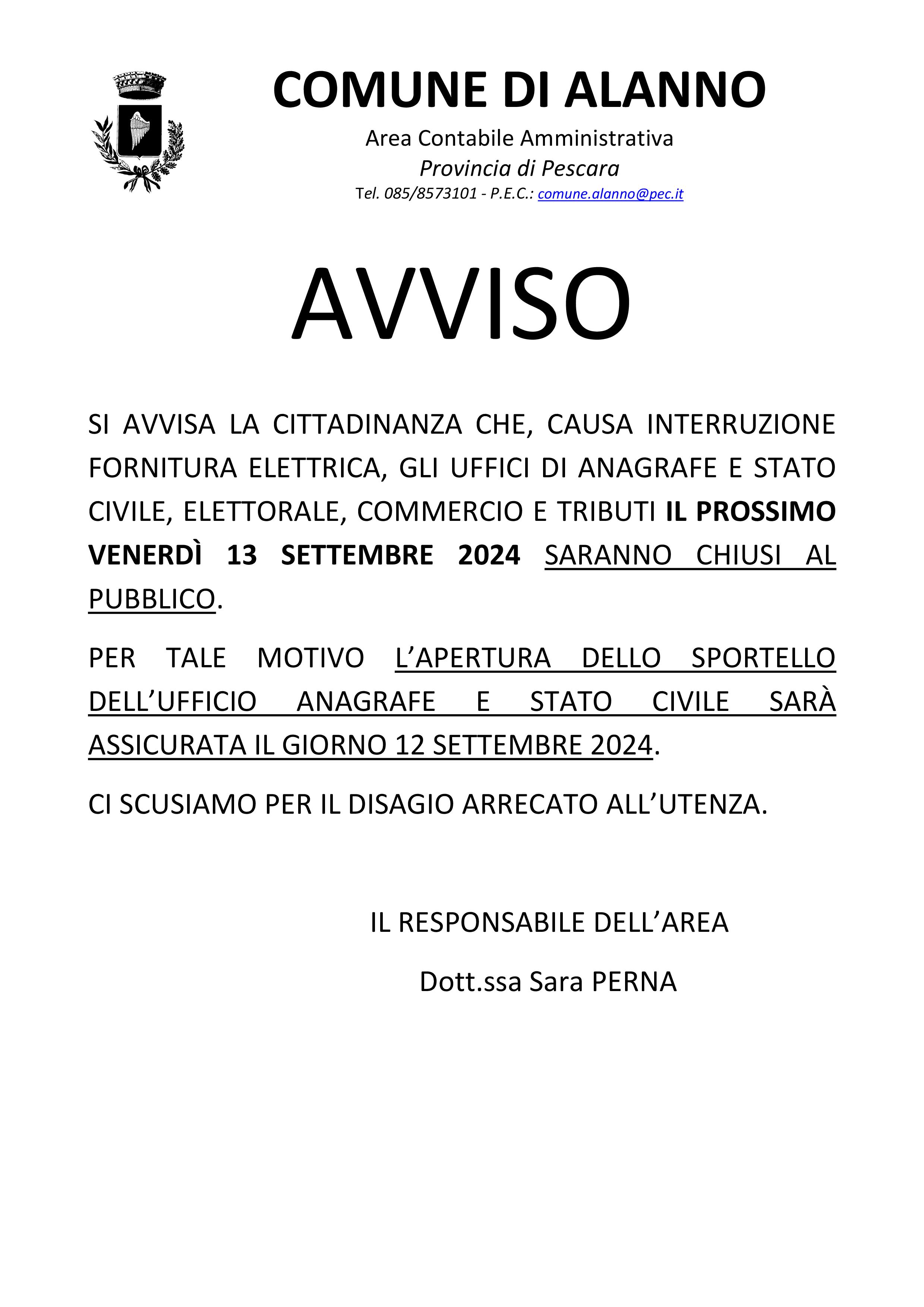 Avviso chiusura uffici comunali nel giorno 13 settembre 2024